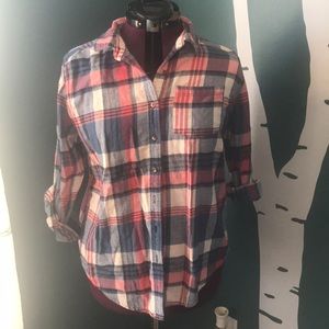 Red, white, and blue plaid women’s flannel.